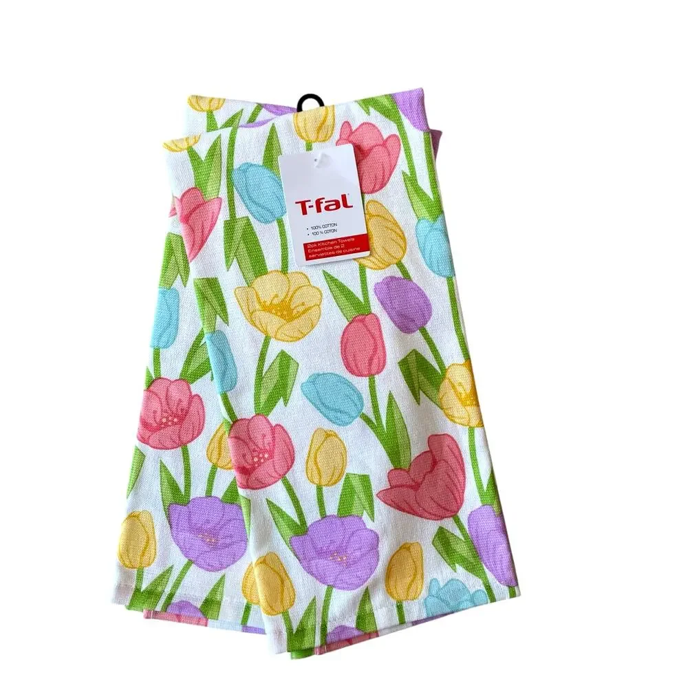 T-Fal Floral Cotton Kitchen Towels 18x28 Pop of Color Spring Tulips Set of 2 NEW